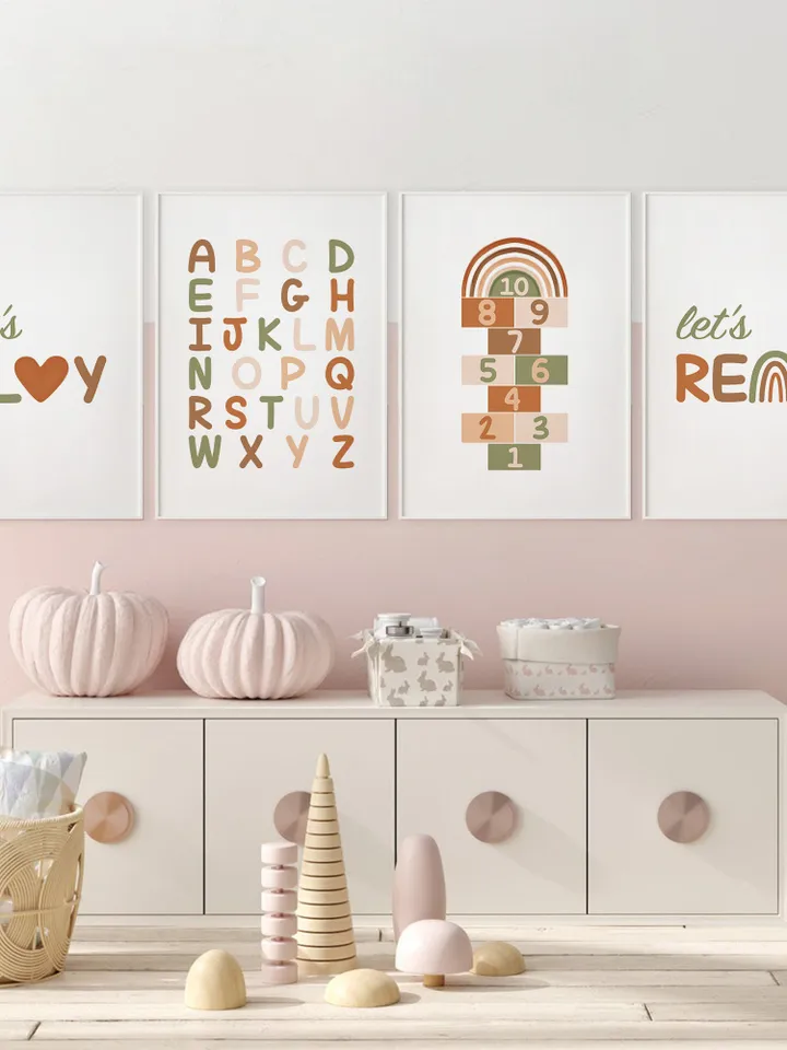 Boho Alphabet Playroom Wall Decor Play Read Motivational Sign Printable Gift Rainbow Numbers For Baby Boy Girl Toddler Prints Set Of 4