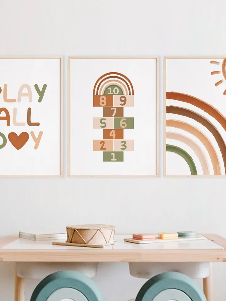 Play All Day Sign Heart Boho Playroom Wall Art Decor Sun Rainbow Numbers Digital Print Baby 3 Art Print Set Baby Montessori Printable Quote
