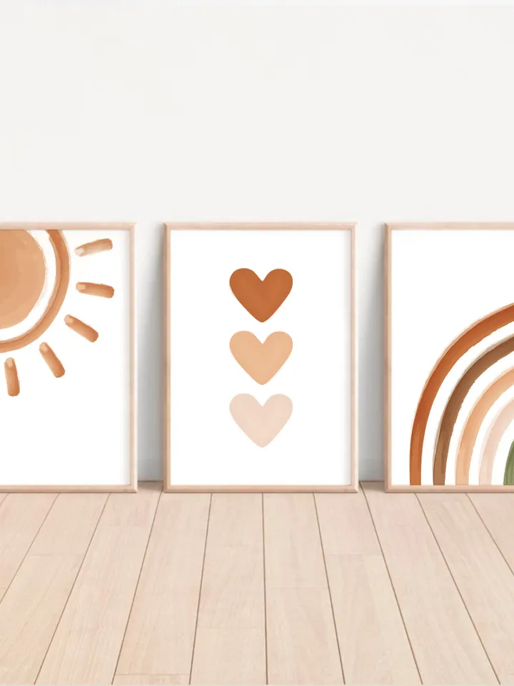 3 Piece Wall Art Boho Baby Nursery Decor Playroom Wall Sun Printable Poster Abstract Modern Rainbow Nursery Print Hearts Digital Download