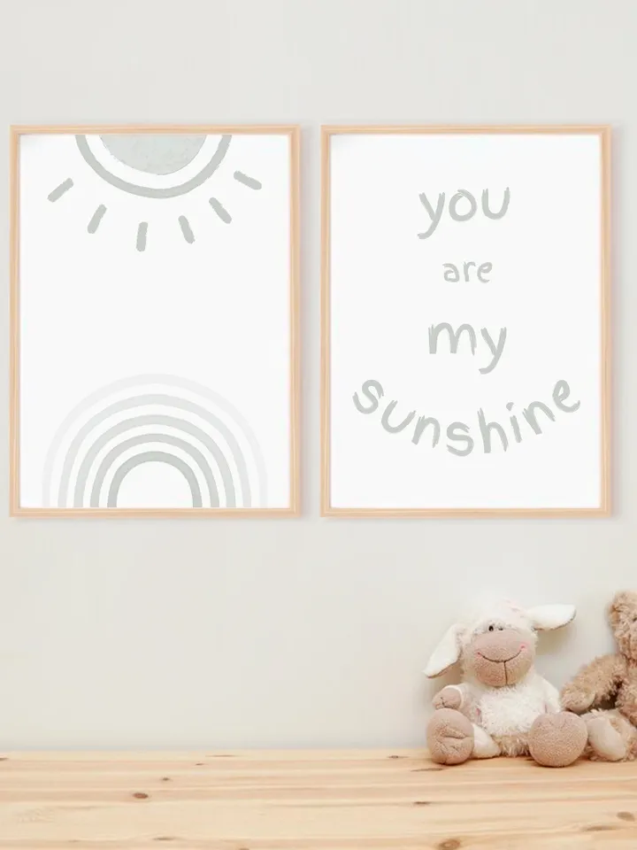 You Are My Sunshine Wall Art Baby Nursery Wall Art Set Of 2 Playroom Poster Baby Room Boho Sun Rainbow Decor Blue Print Printable Wall Art