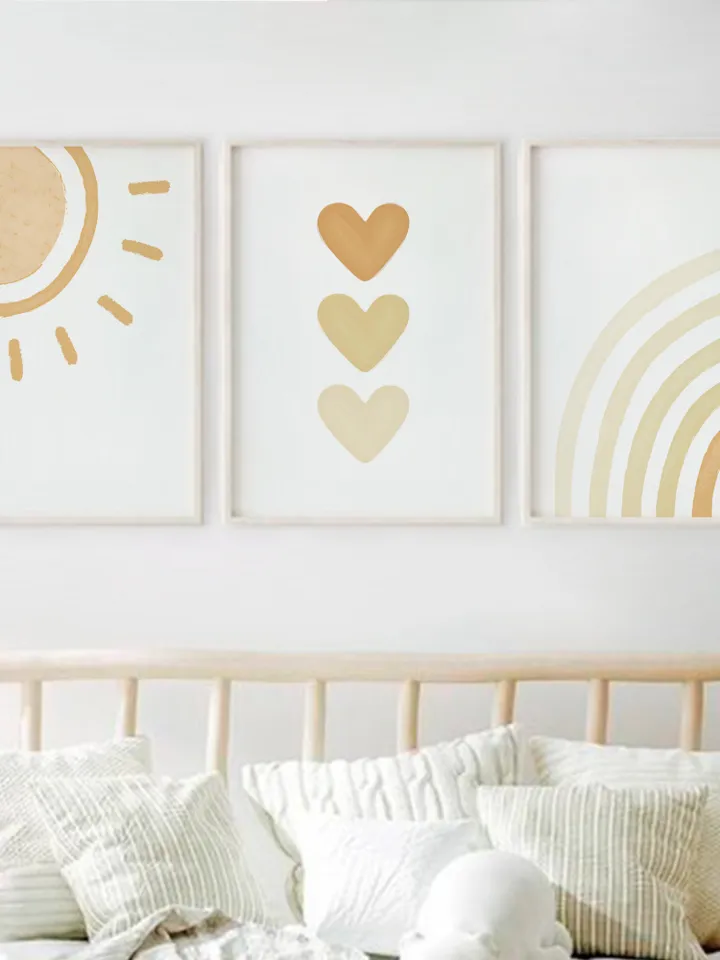 3 Piece Wall Art Boho Baby Nursery Decor Playroom Wall Sun Printable Poster Abstract Modern Rainbow Nursery Print Hearts Digital Download