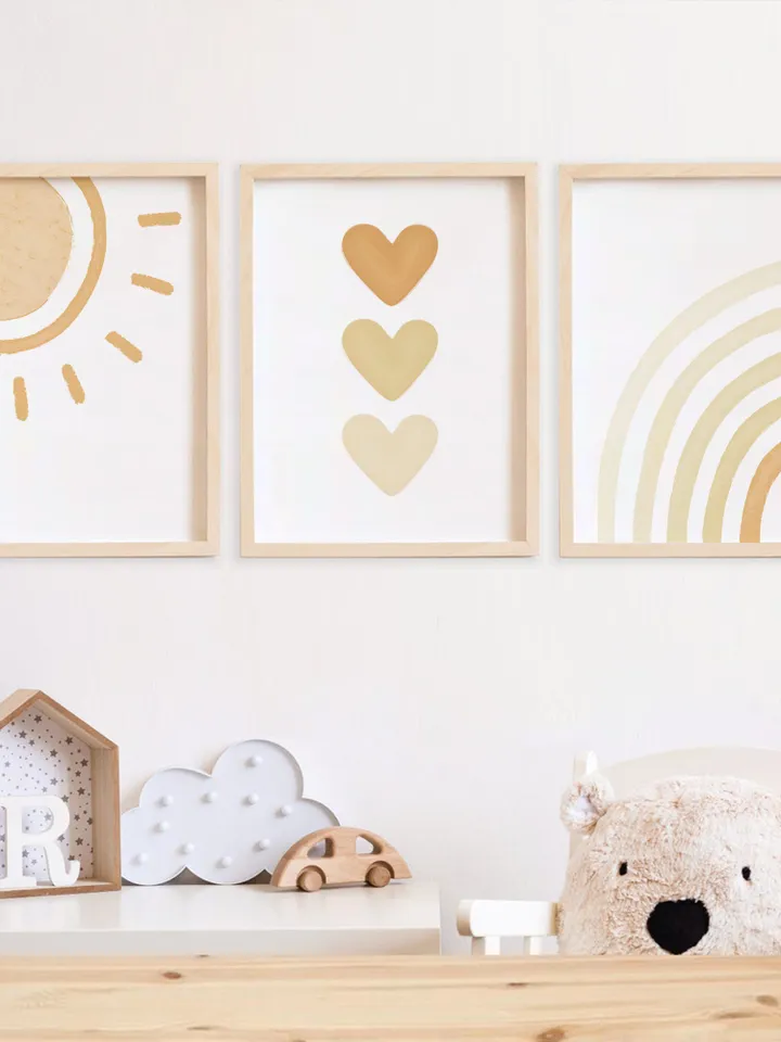 3 Piece Wall Art Boho Baby Nursery Decor Playroom Wall Sun Printable Poster Abstract Modern Rainbow Nursery Print Hearts Digital Download