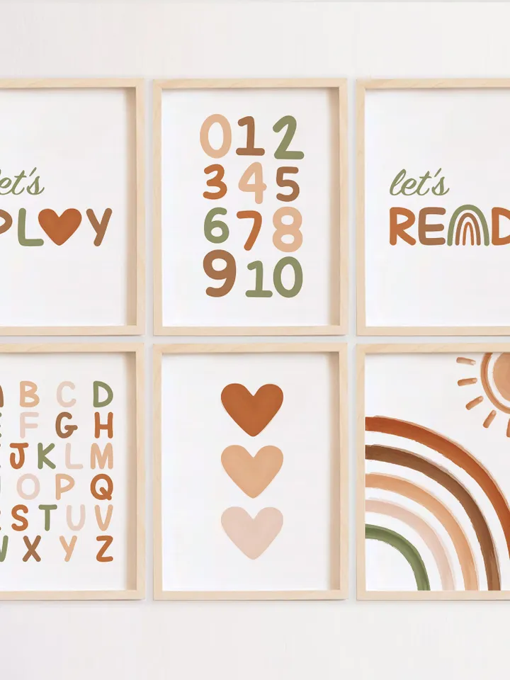 Let's Play Sign Let's Read Sign For Playroom School Preschool Set Of 6 Printable Digital Download Posters Alphabet Boho Hearts Sun Rainbow