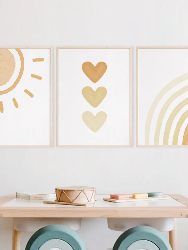3 Piece Wall Art Boho Baby Nursery Decor Playroom Wall Sun Printable Poster Abstract Modern Rainbow Nursery Print Hearts Digital Download