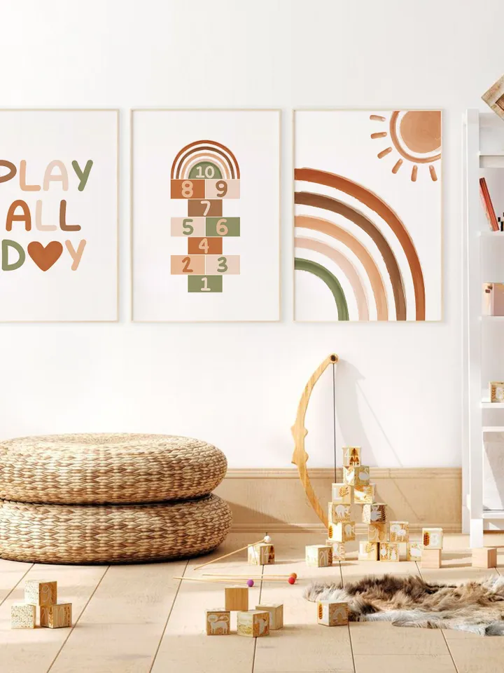 Play All Day Sign Heart Boho Playroom Wall Art Decor Sun Rainbow Numbers Digital Print Baby 3 Art Print Set Baby Montessori Printable Quote