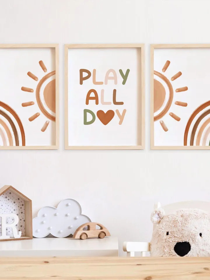 Play All Day Sign Nursery Digital Print Set Bedroom Sun Rainbow Boho Decor Farmhouse Playroom Nursery Decor Wall Baby Art Toddler Room Sign
