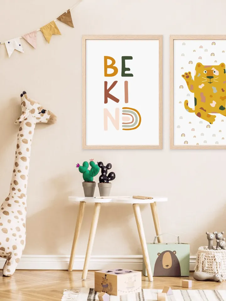 Set of 2 Be Kind And Leopard Lion Jungle Animal Boho Nursery Gender Neutral Wall Art - Playroom Printable Decor - Instant Digital Download