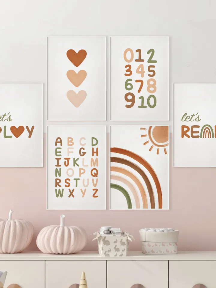 Set Of 6 Prints Wall Decor Alphabet Abc 123 Sun Rainbow Hearts Boho Playroom Homeschool Nursery Bedroom Wall Hanging Decor Over The Bed