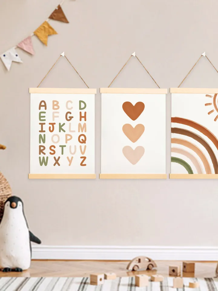 Set of 3 Alphabet Letters, Sun And Rainbow, Hearts Boho Nursery Wall Art - ABC Playroom Printable Decor - Instant Digital Download