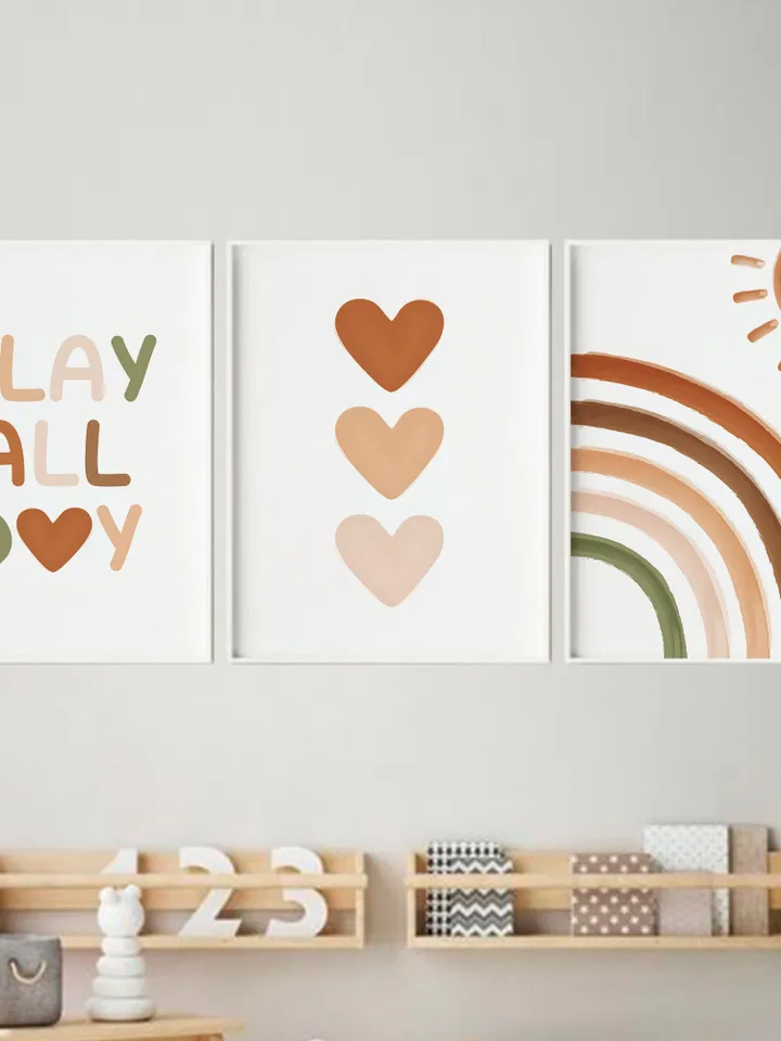 Play All Day Sign Boho Rainbow Sun Hearts Boy And Girl Playroom Sign Toddler Room Sign Gender Neurtal Nursery Sign Print Set Of 3 Download