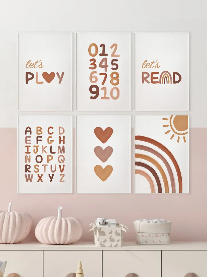 Abc 123 Boho Alphabet Chart Wall Decor Let's Play Let's Read Sign Hearts Bedroom Wall Hanging Sun Rainbow Homeschool Farmhouse Over The Bed