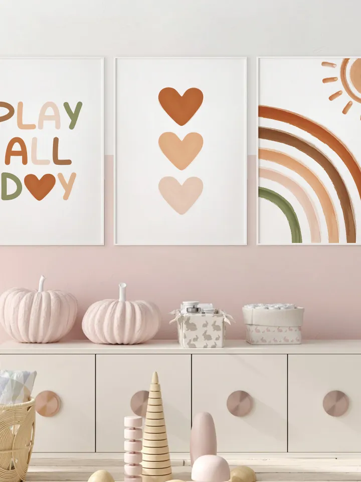 Playroom Wall Decor Play All Day Sign Boho Hearts Sun Rainbow Motivational Montessori Set Of 3 Prints Wall Handing Instant Digital Download