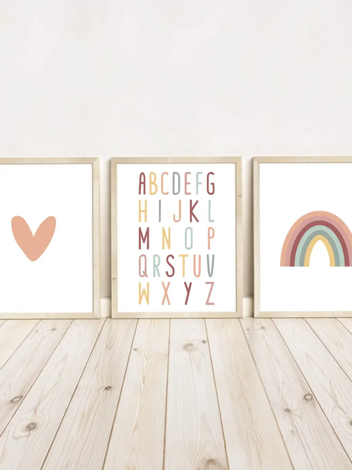 Set of 3 Alphabet Letters, ABC Poster, Heart And Rainbow, Boho Nursery Wall Art - Playroom Printable Decor - Instant Digital Download