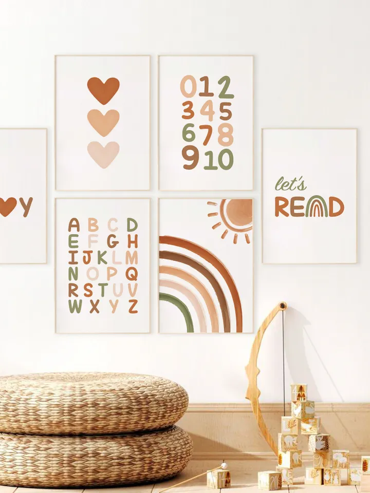 Hearts Rainbow Alphabet Modern Boho Classroom Decor Playroom Printable Farmhouse Wall Art Set Educational Let's Play Read Posters Elementary
