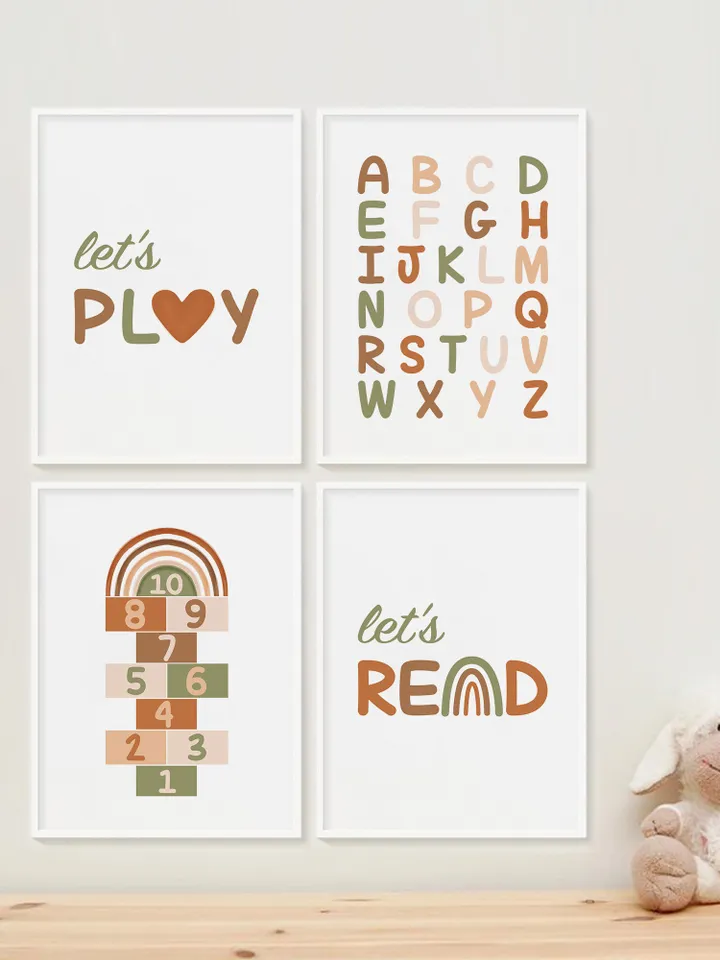 Abc Poster 123 Boho Classroom Decor Rainbow Teacher Gift Let's Play Read Classroom Sign Playroom Wall Decor Educational Wall Art Set Of 4