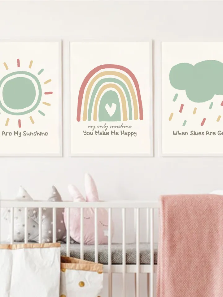 You Are My Sunshine Baby Nursery Decor Mint Green Rainbow Boho Unisex Wall Art Set Of 3 Sun Decor Girl Cloud Decor Boy Digital Download