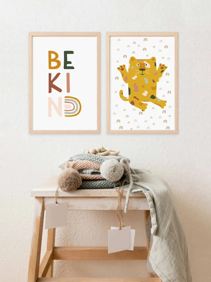 Set of 2 Be Kind And Leopard Lion Jungle Animal Boho Nursery Gender Neutral Wall Art - Playroom Printable Decor - Instant Digital Download