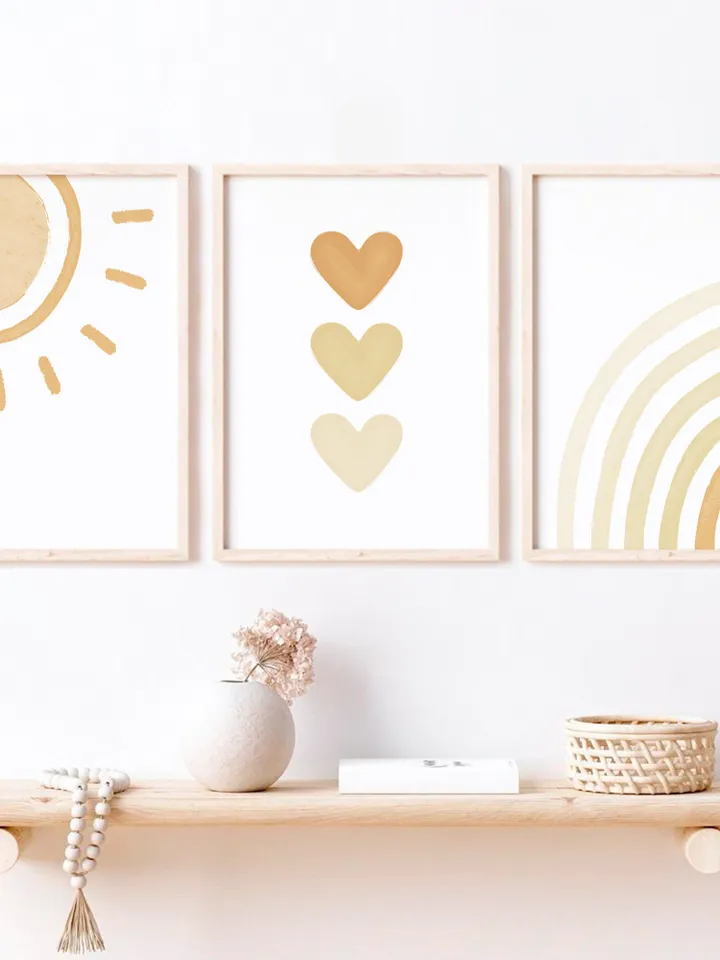 3 Piece Wall Art Boho Baby Nursery Decor Playroom Wall Sun Printable Poster Abstract Modern Rainbow Nursery Print Hearts Digital Download