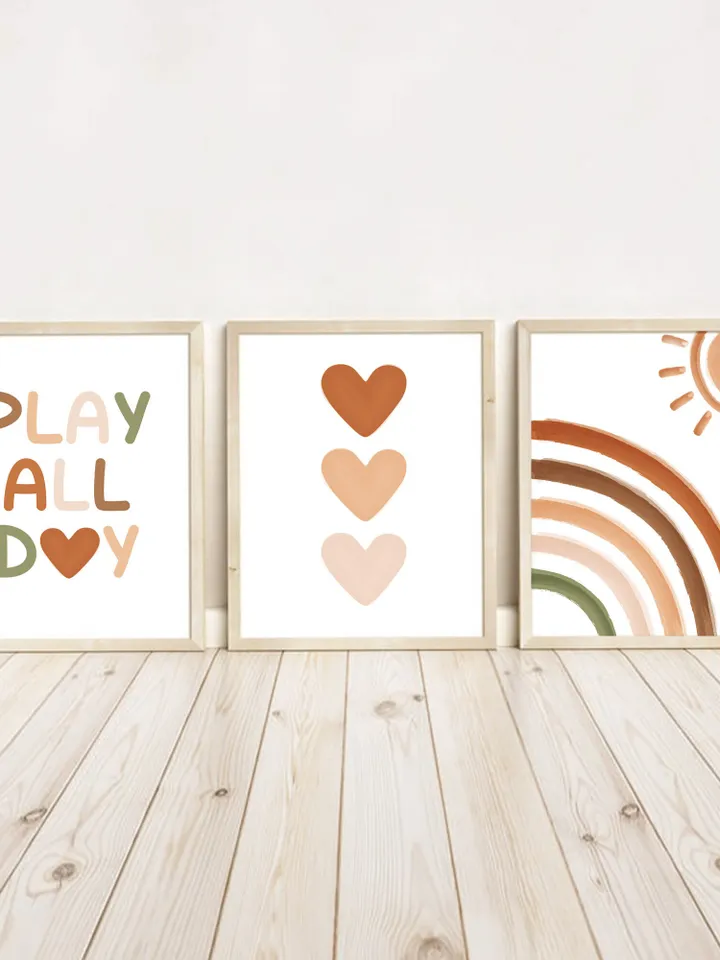 Play All Day Sign Boho Rainbow Sun Hearts Boy And Girl Playroom Sign Toddler Room Sign Gender Neurtal Nursery Sign Print Set Of 3 Download