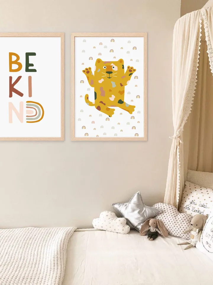 Set of 2 Be Kind And Leopard Lion Jungle Animal Boho Nursery Gender Neutral Wall Art - Playroom Printable Decor - Instant Digital Download