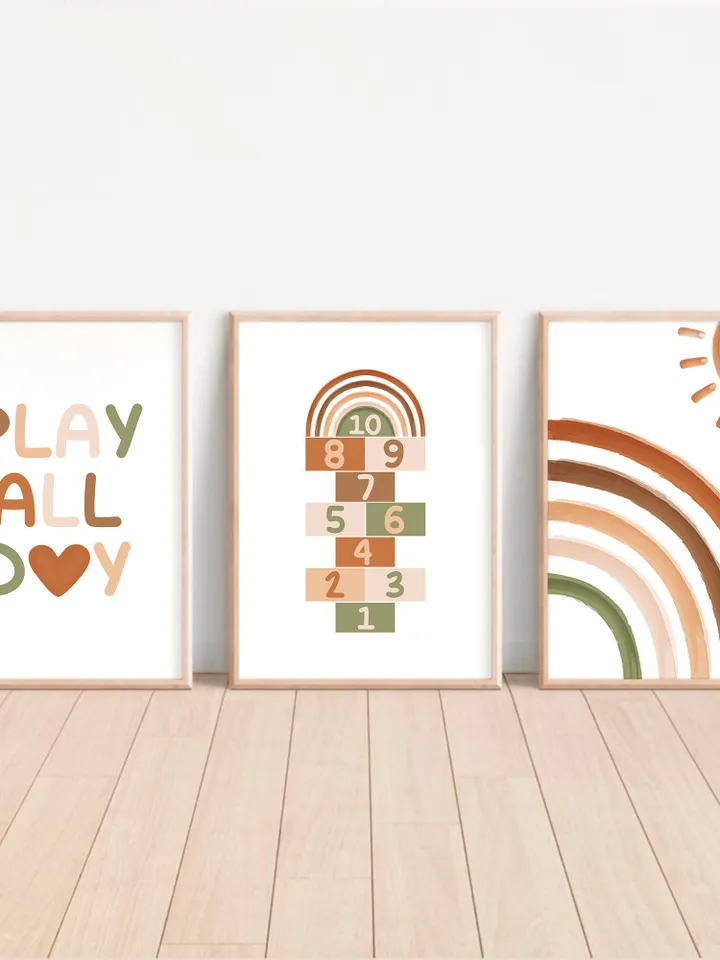Play All Day Sign Heart Boho Playroom Wall Art Decor Sun Rainbow Numbers Digital Print Baby 3 Art Print Set Baby Montessori Printable Quote