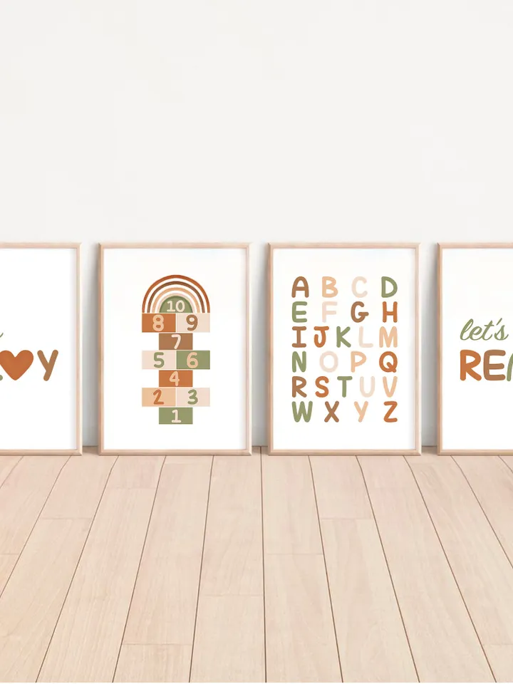 Abc Poster 123 Boho Classroom Decor Rainbow Teacher Gift Let's Play Read Classroom Sign Playroom Wall Decor Educational Wall Art Set Of 4