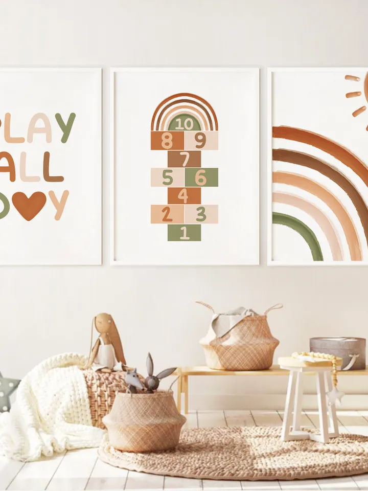 Play All Day Sign Heart Boho Playroom Wall Art Decor Sun Rainbow Numbers Digital Print Baby 3 Art Print Set Baby Montessori Printable Quote