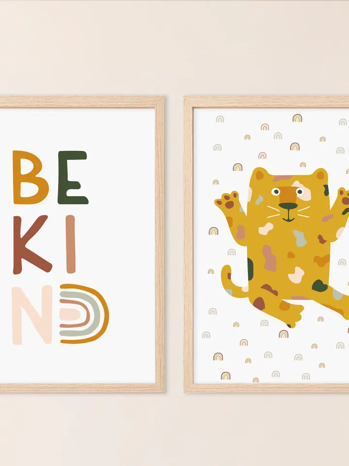 Set of 2 Be Kind And Leopard Lion Jungle Animal Boho Nursery Gender Neutral Wall Art - Playroom Printable Decor - Instant Digital Download