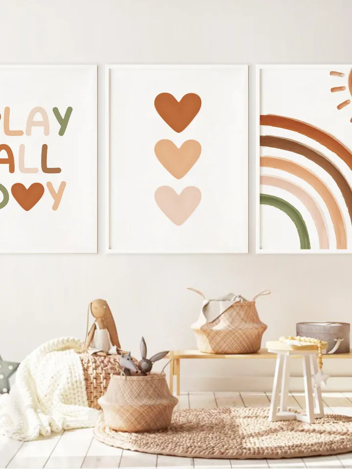 Sun Rainbow Boho Classroom Wall Art Decor Play All Day Preschool Quote Heart Posters Set Elementary Neutral Montessori Farmhouse Classroom