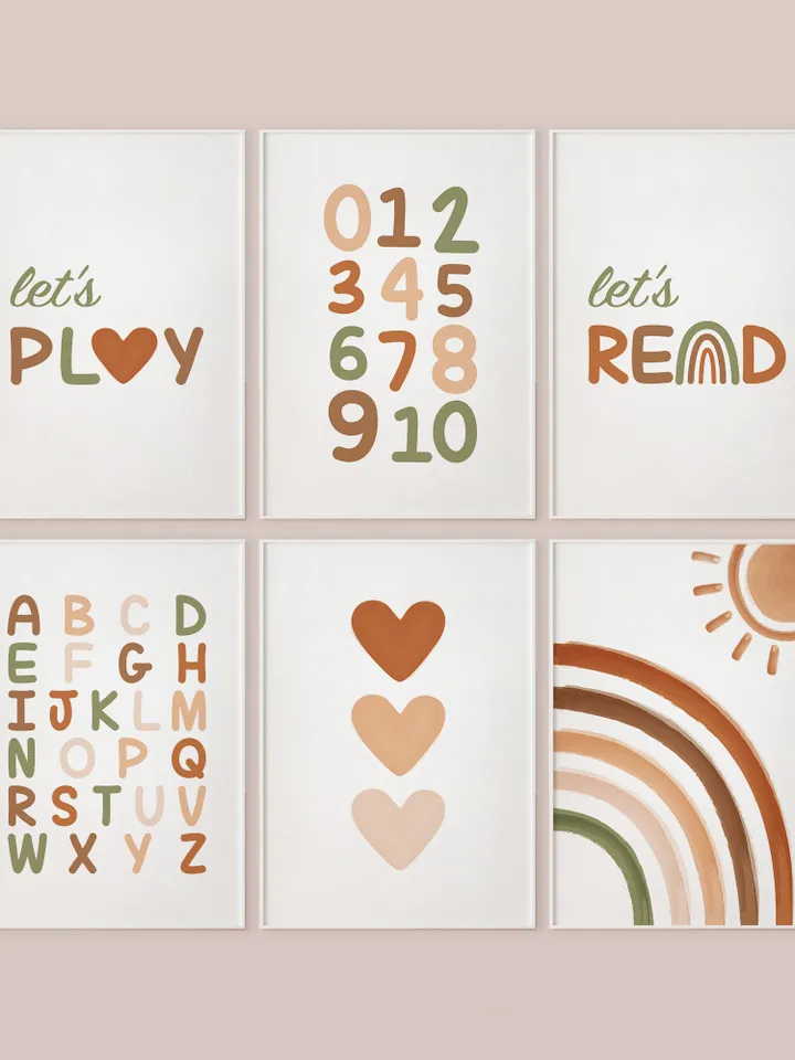 Set Of 6 Prints Wall Decor Alphabet Abc 123 Sun Rainbow Hearts Boho Playroom Homeschool Nursery Bedroom Wall Hanging Decor Over The Bed