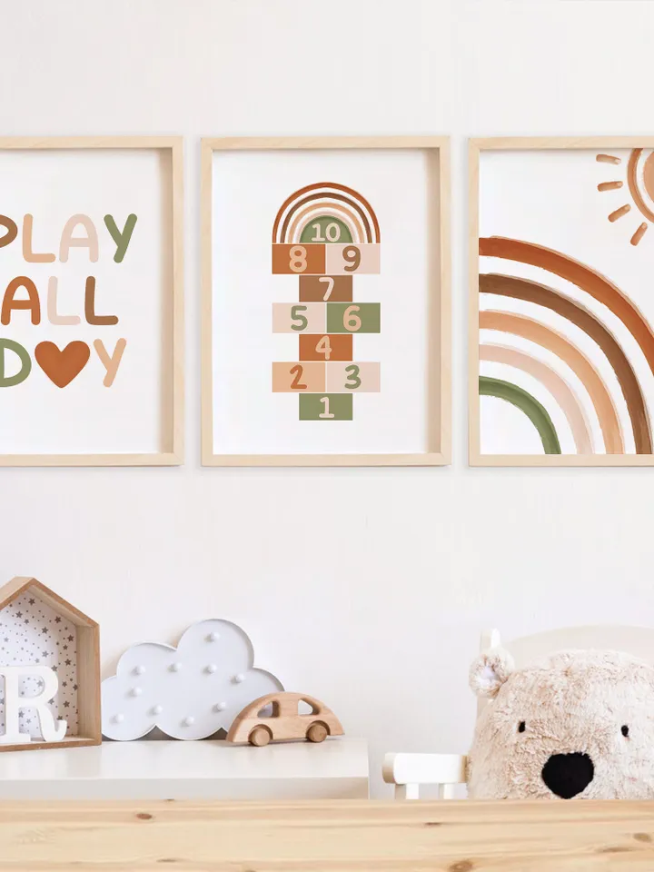 Play All Day Sign Heart Boho Playroom Wall Art Decor Sun Rainbow Numbers Digital Print Baby 3 Art Print Set Baby Montessori Printable Quote