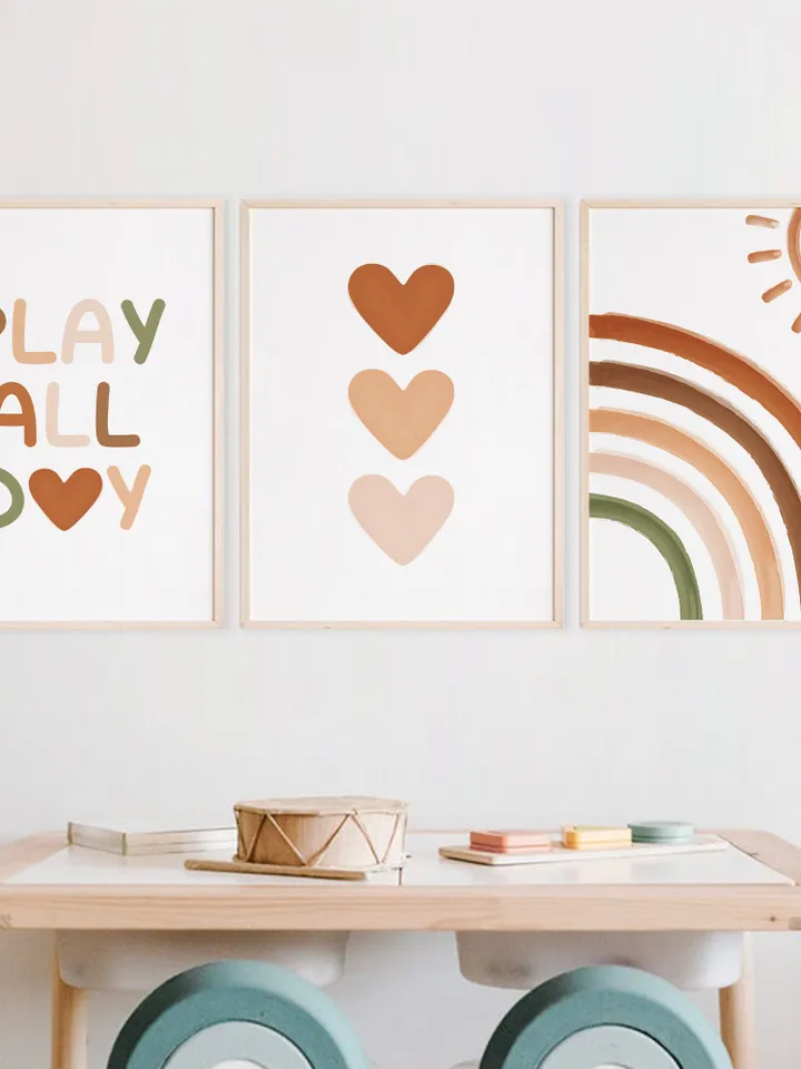 Play All Day Sign Boho Rainbow Sun Hearts Boy And Girl Playroom Sign Toddler Room Sign Gender Neurtal Nursery Sign Print Set Of 3 Download