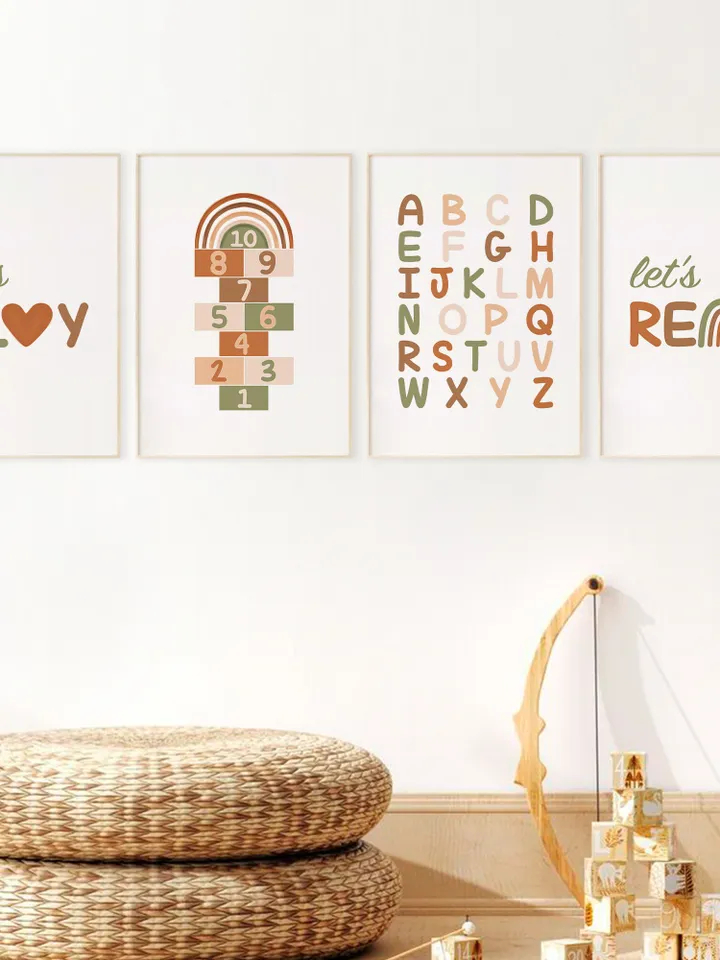 Abc Poster 123 Boho Classroom Decor Rainbow Teacher Gift Let's Play Read Classroom Sign Playroom Wall Decor Educational Wall Art Set Of 4