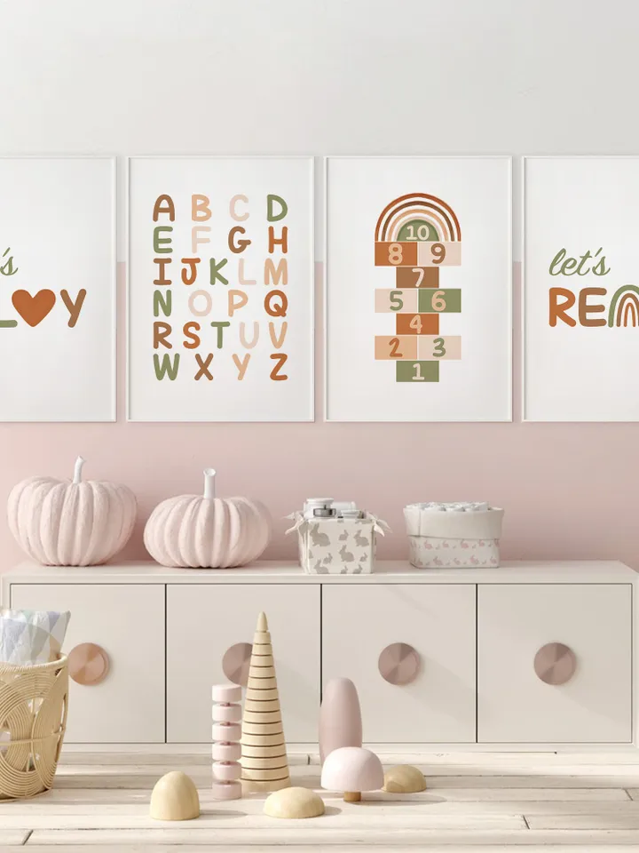 Abc Poster 123 Boho Classroom Decor Rainbow Teacher Gift Let's Play Read Classroom Sign Playroom Wall Decor Educational Wall Art Set Of 4