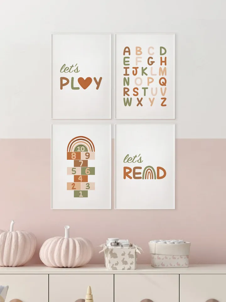 Abc Poster 123 Boho Classroom Decor Rainbow Teacher Gift Let's Play Read Classroom Sign Playroom Wall Decor Educational Wall Art Set Of 4