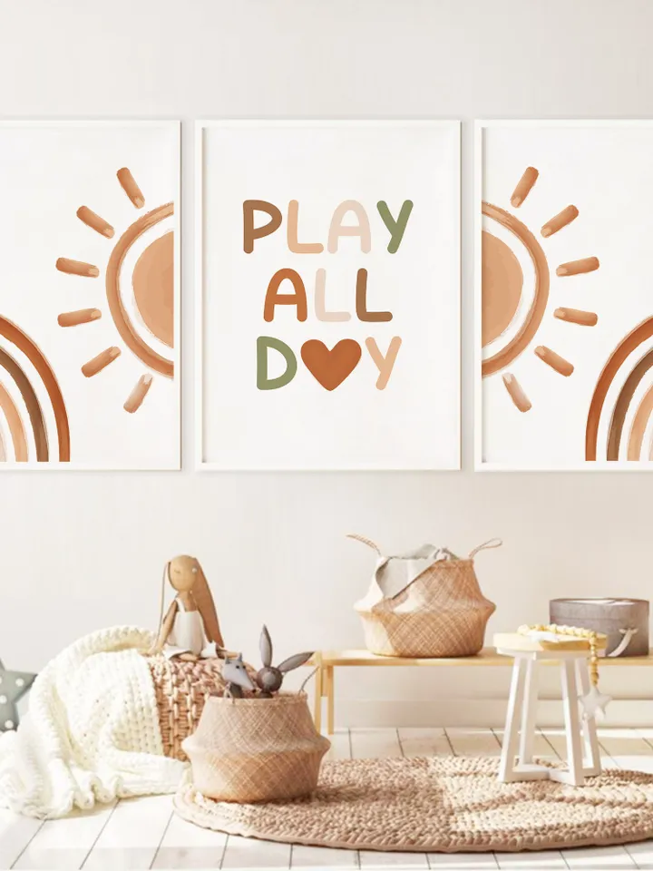 Play All Day Sign Nursery Digital Print Set Bedroom Sun Rainbow Boho Decor Farmhouse Playroom Nursery Decor Wall Baby Art Toddler Room Sign