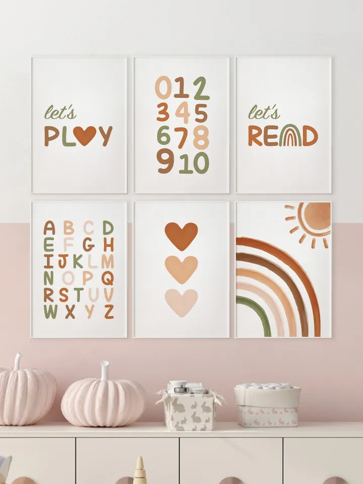 Set Of 6 Prints Wall Decor Alphabet Abc 123 Sun Rainbow Hearts Boho Playroom Homeschool Nursery Bedroom Wall Hanging Decor Over The Bed