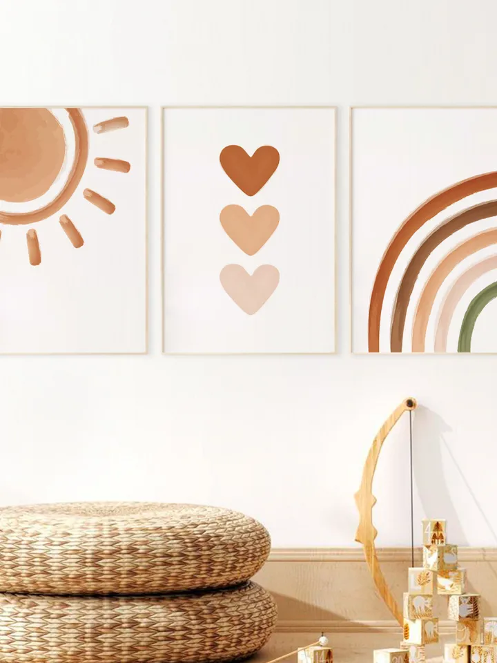 3 Piece Wall Art Boho Baby Nursery Decor Playroom Wall Sun Printable Poster Abstract Modern Rainbow Nursery Print Hearts Digital Download