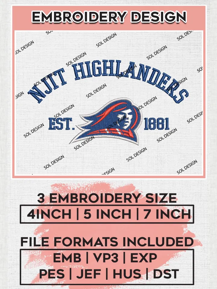 NJIT Highlanders Est 1881 Logo Embroidery Designs, NCAA NJIT Highlanders Team Embroidery, NCAA Team Logo, 3 sizes, Machine embroidery Files, Digital Download