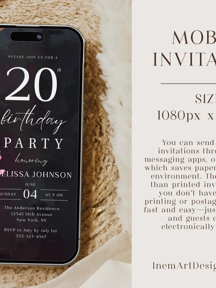 20th Birthday Invitation for women or men – Moody Burgundy & Blush Peony Floral Invitation Elegant Dark Birthday Party Invite Canva Template