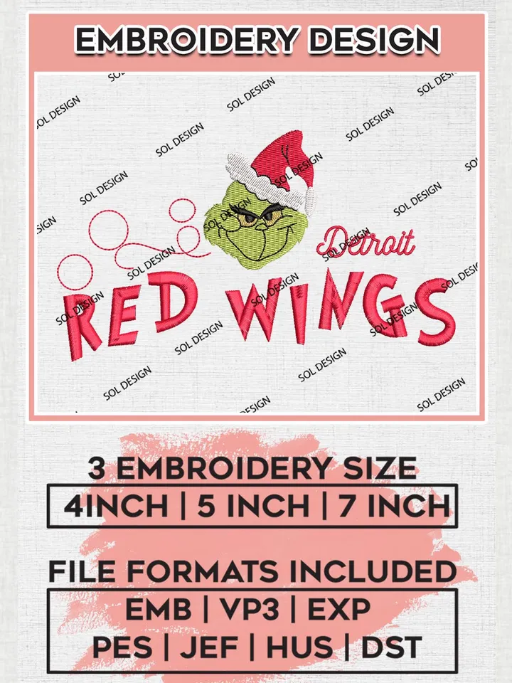 Grinch Detroit Red Wings Embroidery Designs, Grinch Christmas Embroidery Files, NHL Red Wings Machine Embroidery Designs, NHL Detroit Red Wings Logo, NHL Christmas Machine Embroidery Design, Digital Download