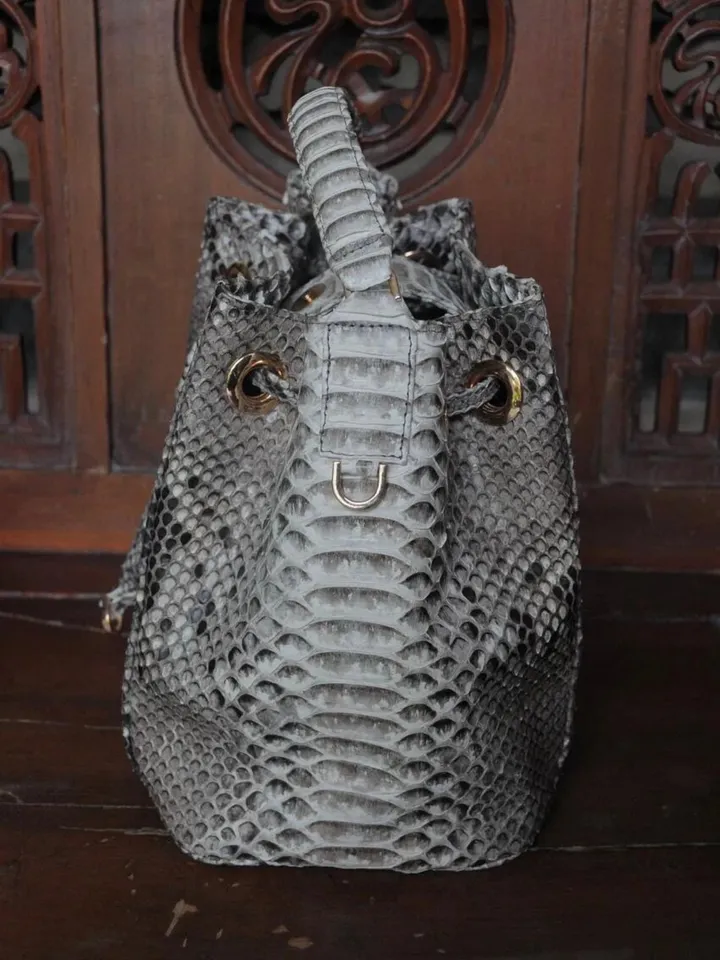 Genuine python skin grey bucket crosshandle bag/ designer women purse | classy elegant crossbody bag | exotic leather bags | gift idea