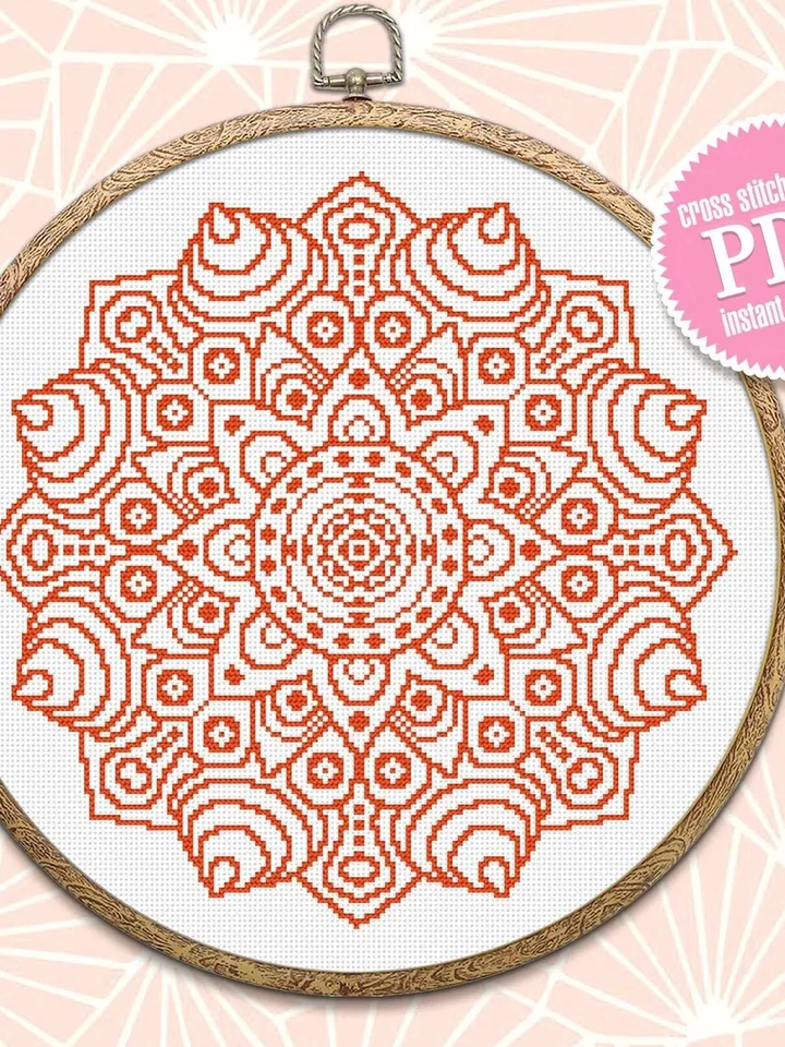 Mandala cross stitch pattern download PDF Monochrome floral ornament hand embroidery, Simple geometric pattern PDF Easy beginner stitch #M77