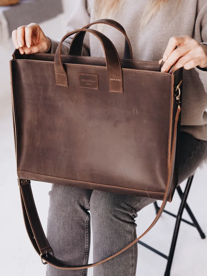 Tote bag vierge, Brown Leather Bag, Messenger bag, Minimal leather shoulder bag, Computer bag