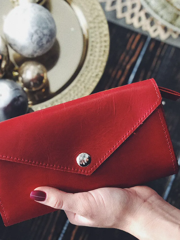Red leather wallet_handmade leather pocketbook_green leather purse_womens emerald green wallet, credit card purse Button Wallet