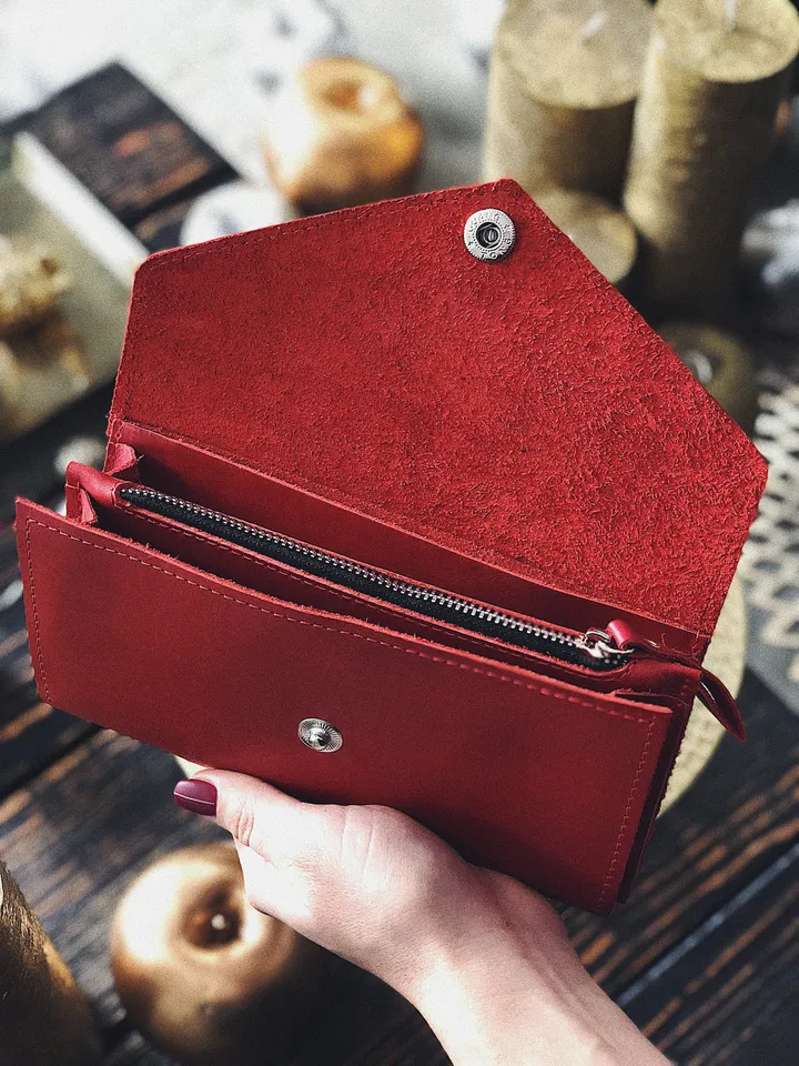 Red leather wallet_handmade leather pocketbook_green leather purse_womens emerald green wallet, credit card purse Button Wallet