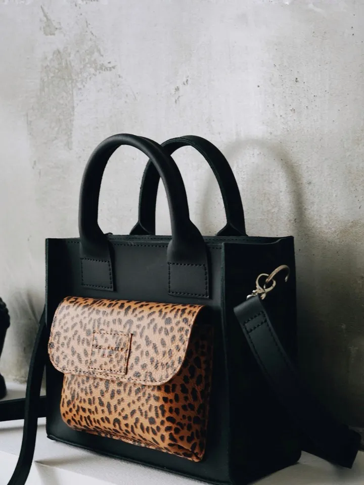Women leather tote bag, Black shoulder bag, Animal tote bag, Gift for her, Black leather bag
