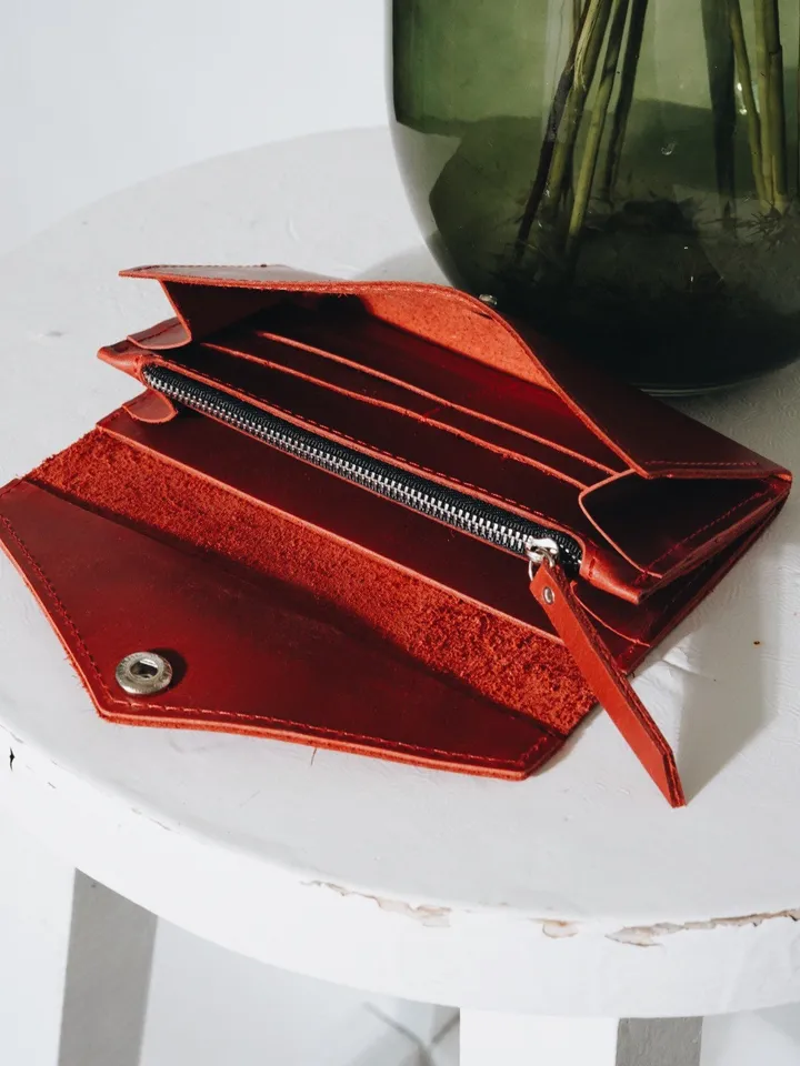 Red leather wallet_handmade leather pocketbook_green leather purse_womens emerald green wallet, credit card purse Button Wallet