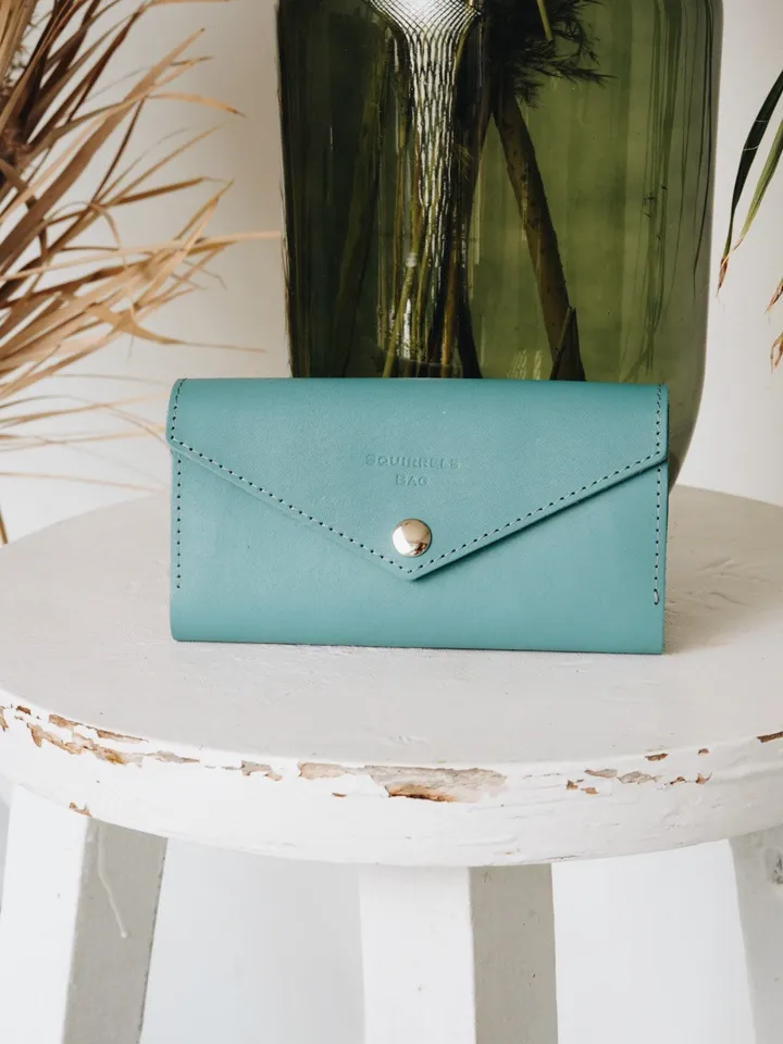 Blue leather wallet woman, minimalist wallet, Gifts for her
