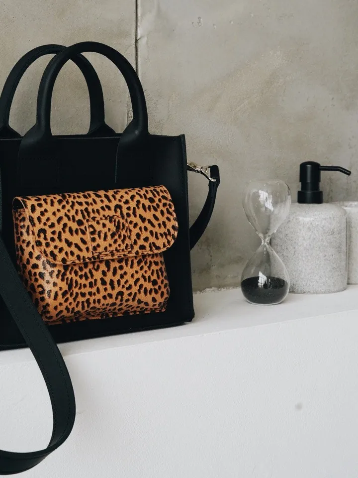 Women leather tote bag, Black shoulder bag, Animal tote bag, Gift for her, Black leather bag
